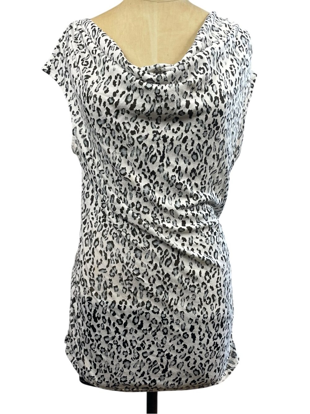 Express Gray Black Leopard Print Cowl Neck Ruched Top Blouse Size Large L